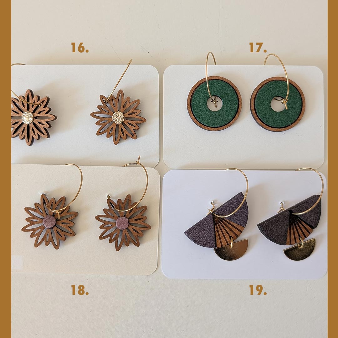bijoux en bois, boucles d'oreilles en bois, bijoux fait main, Martho
